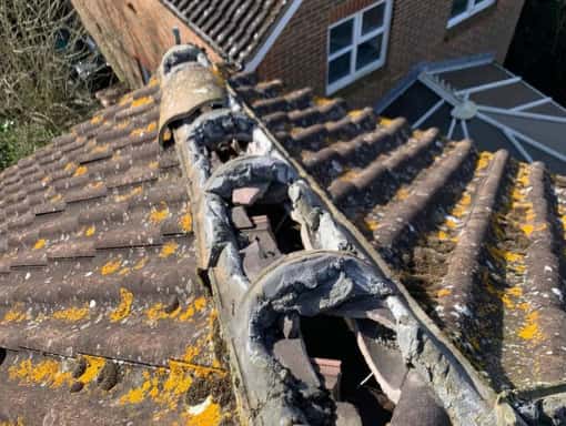This is a photo of a damaged roof before the roofing repairs. This work was carried out by Kettering Roofing